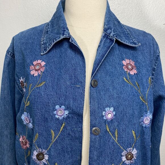 Vtg Agapo Chore Jacket Blouse Top Large Petite Denim Floral Embroidery Country - Picture 2 of 11